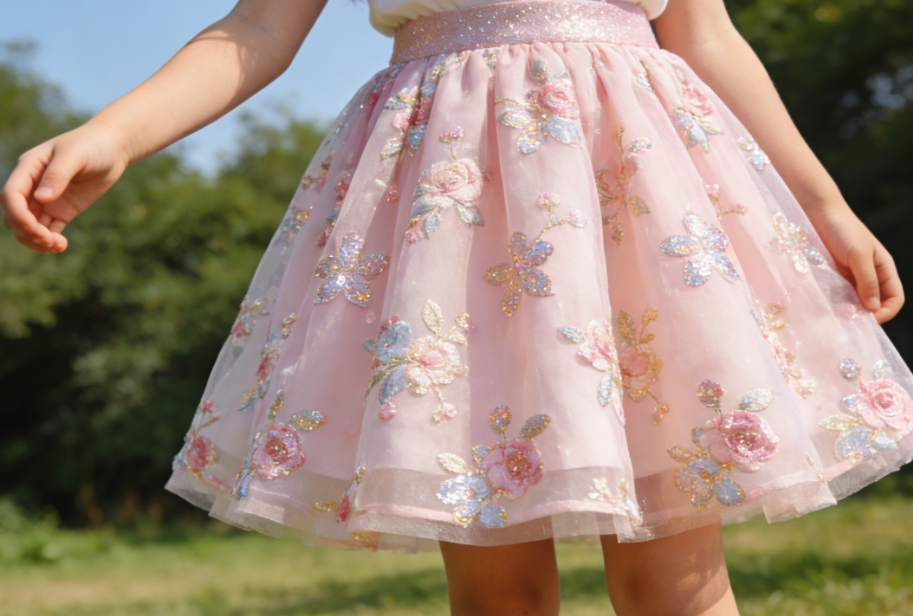 Girls in elegant yet playful dresses and coordinated outfits