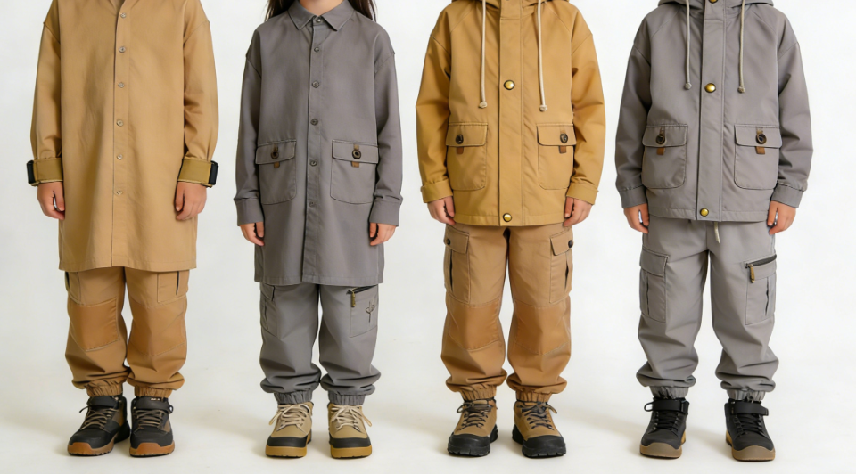 Diverse children of different ethnicities happily exchanging and trying on various colorful clothing items together